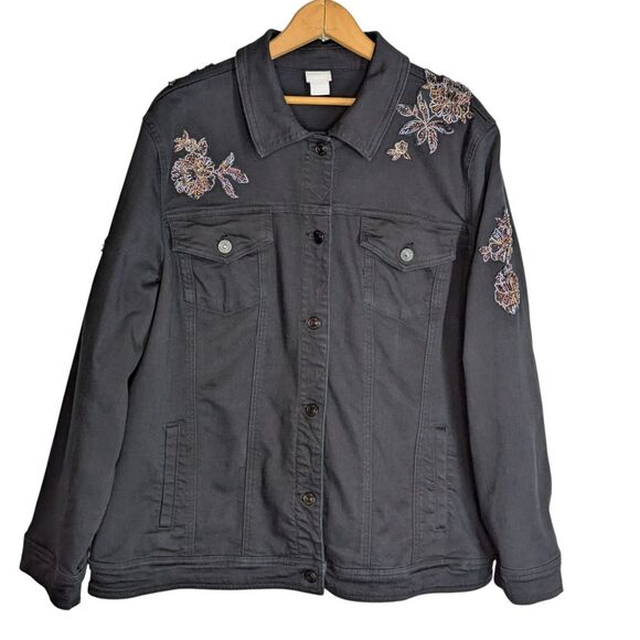Chicos Black Denim Button Up Jacket Sz 4 Beaded Embroidery Boho Layer Unique - Picture 1 of 11